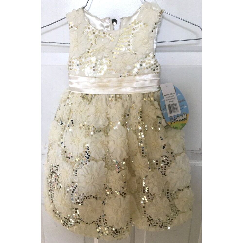 American Princess Special Occasion Dress Ivory Gold Sequins Toddler 2T Free Ship